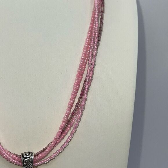 Signed Premier Design Pink Glass Bead Necklace Pink Cat’s Eye Pendant   Vintage - Picture 5 of 7